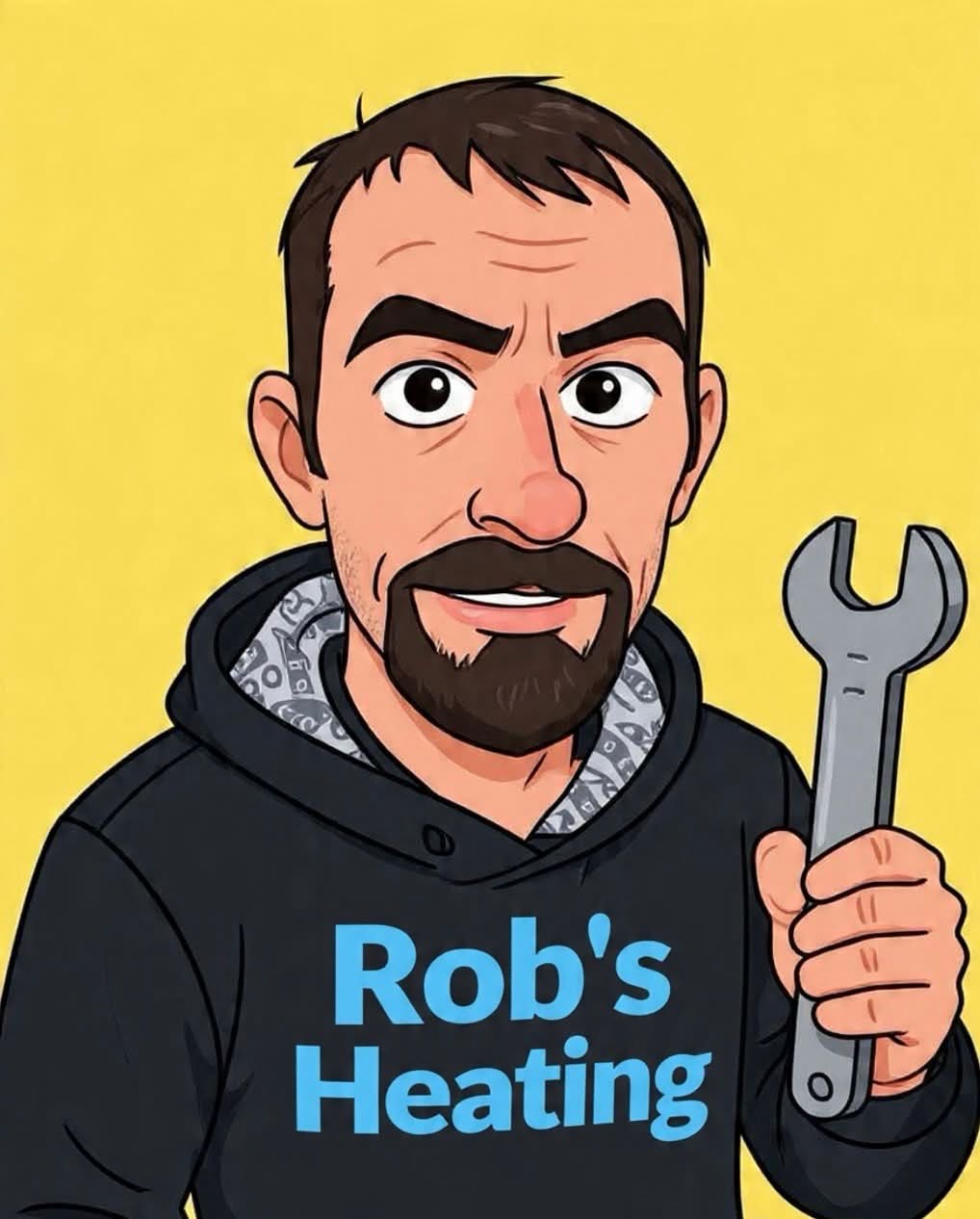 Rob's Heating technician mascot holding a wrench